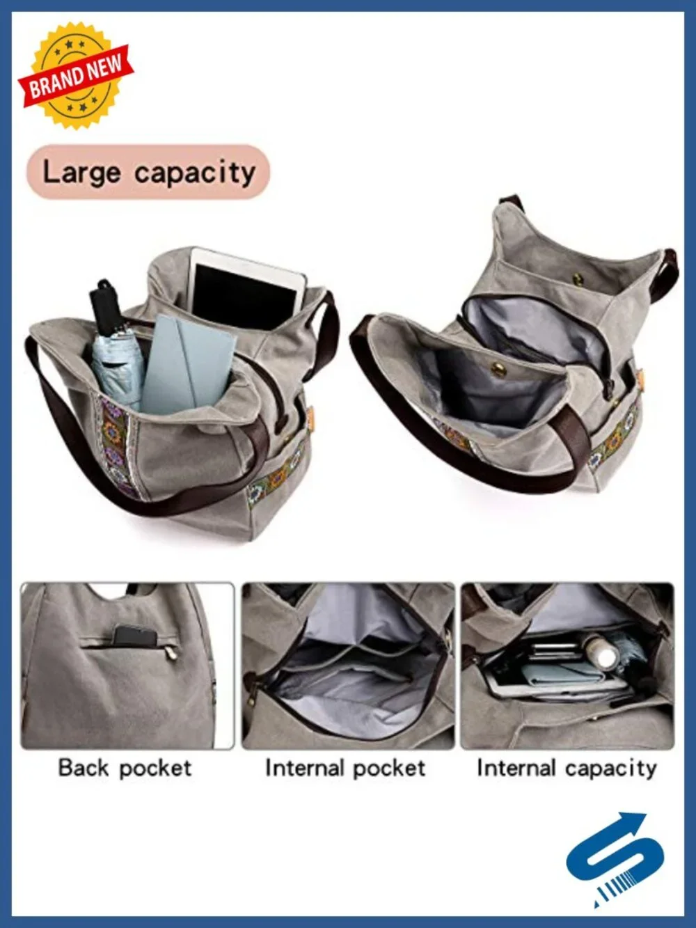 Canvas Hobo Purse Tote Multi Pocket Shoulder Bag Embroidery Ethnic